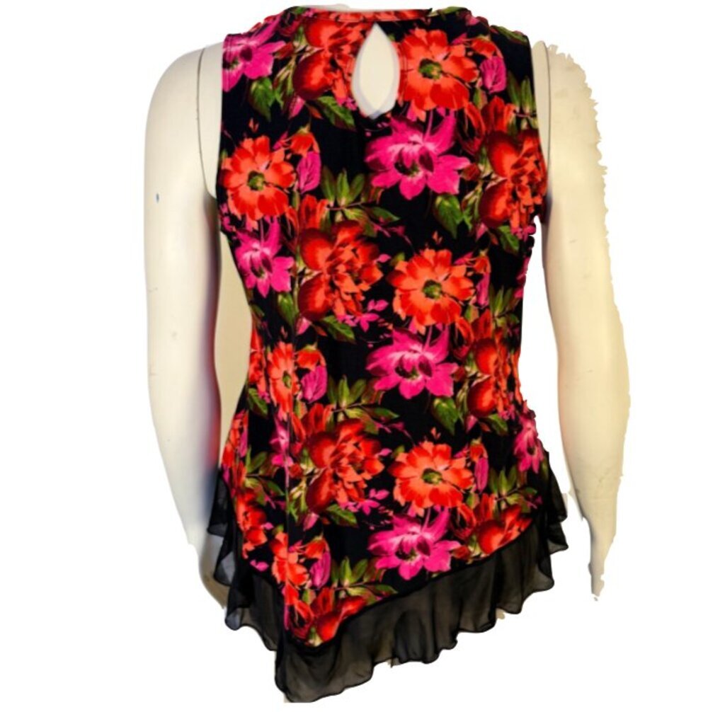 Star Vixen Sleeveless Top Womens XL Red Black Floral Chiffon Hem High Round Neck - Picture 6 of 13